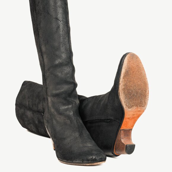 Martin Margiela Black Tall Calves Short Stack Low Heel Leather Boots - Picture 4 of 11